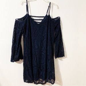 Love Fire Lace Overlay Cold Shoulder Bell Sleeve Lined Mini Dress Strappy Back